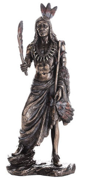 Indian Warrior with Peace Pipe Sculpture and Feathers